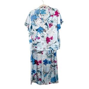 Linea Donatella Womens Pajama Set Size L‎ Blue Floral Lounge Sleepwear Summer